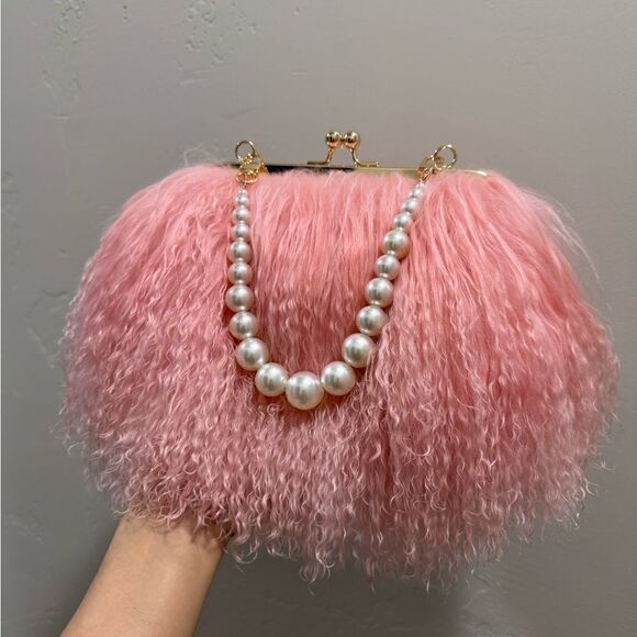 Pink Real Mongolian Lamb Fur Handmade Kisslock Wristlet/Shoulder Bag/Crossbody - Picture 10 of 16